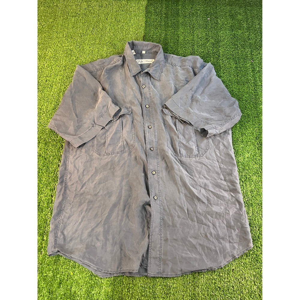 Via Roma Mens 100% Silk Short Sleeve Button Down Shirt Gray Large Utility Pocket